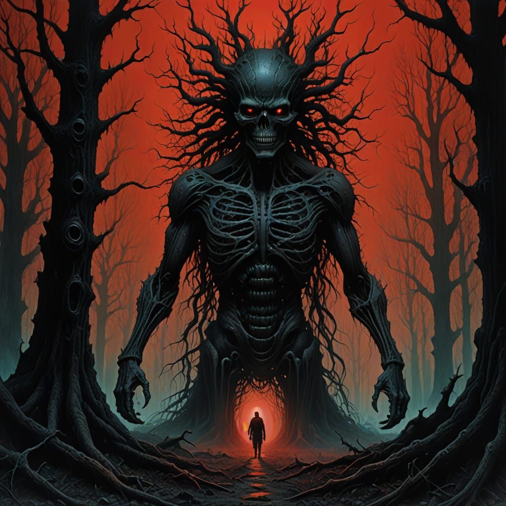 Dark Fantasy Tree in a Haunting Red Black Landscape