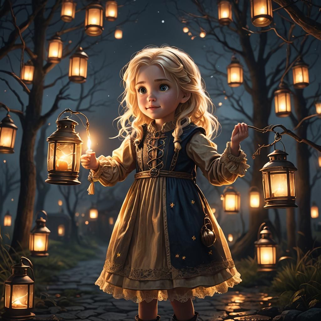 Girl with Lantern in Dark Fantasy Night, Detailed Matte Pain...