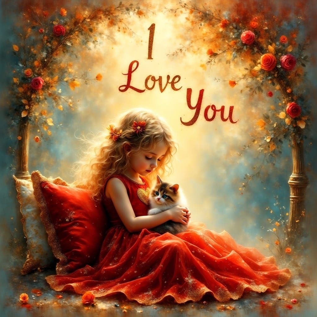 Golden Cherub Sits with Kitten, Surrounded by Whimsical Patt...