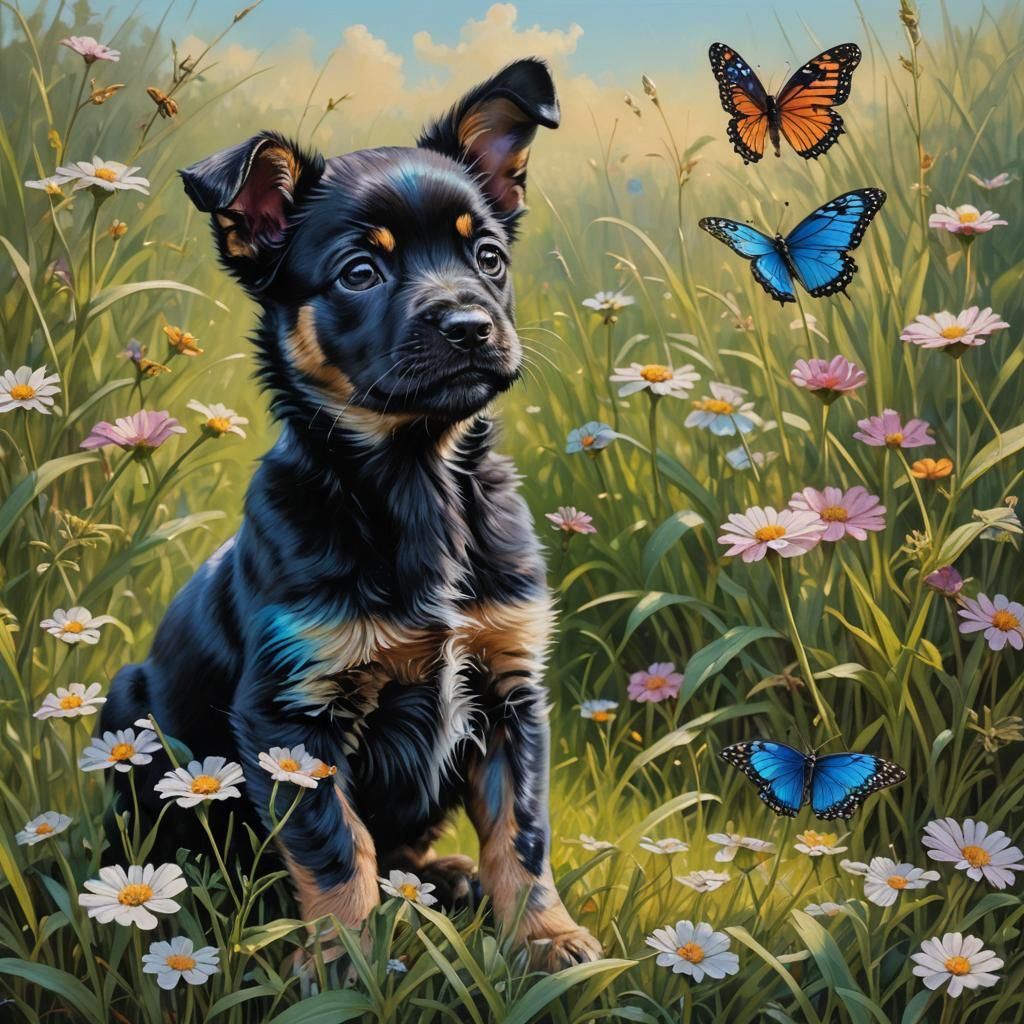 Iridescent Butterfly on Puppy in Meadow, Oil Painting