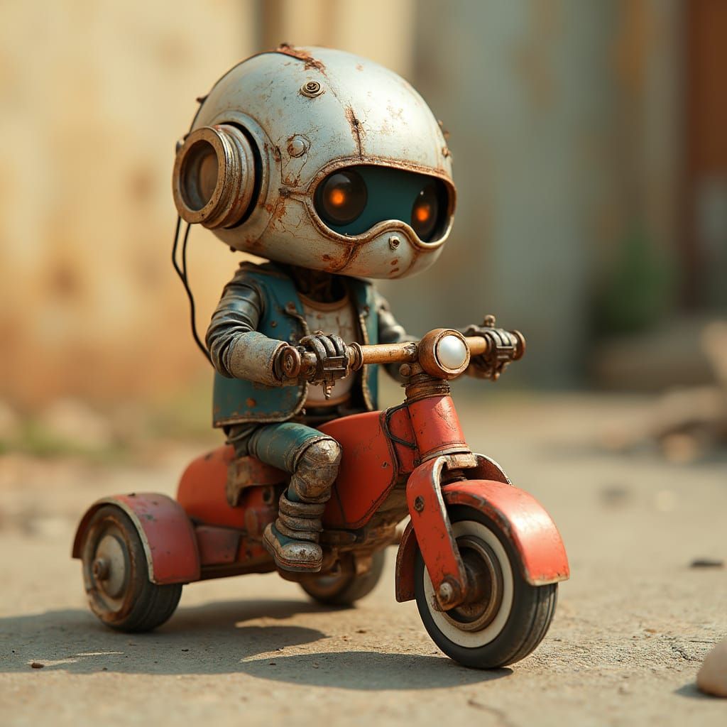 Cute Tin Robot Learns to Ride in Industrial Futurist Style