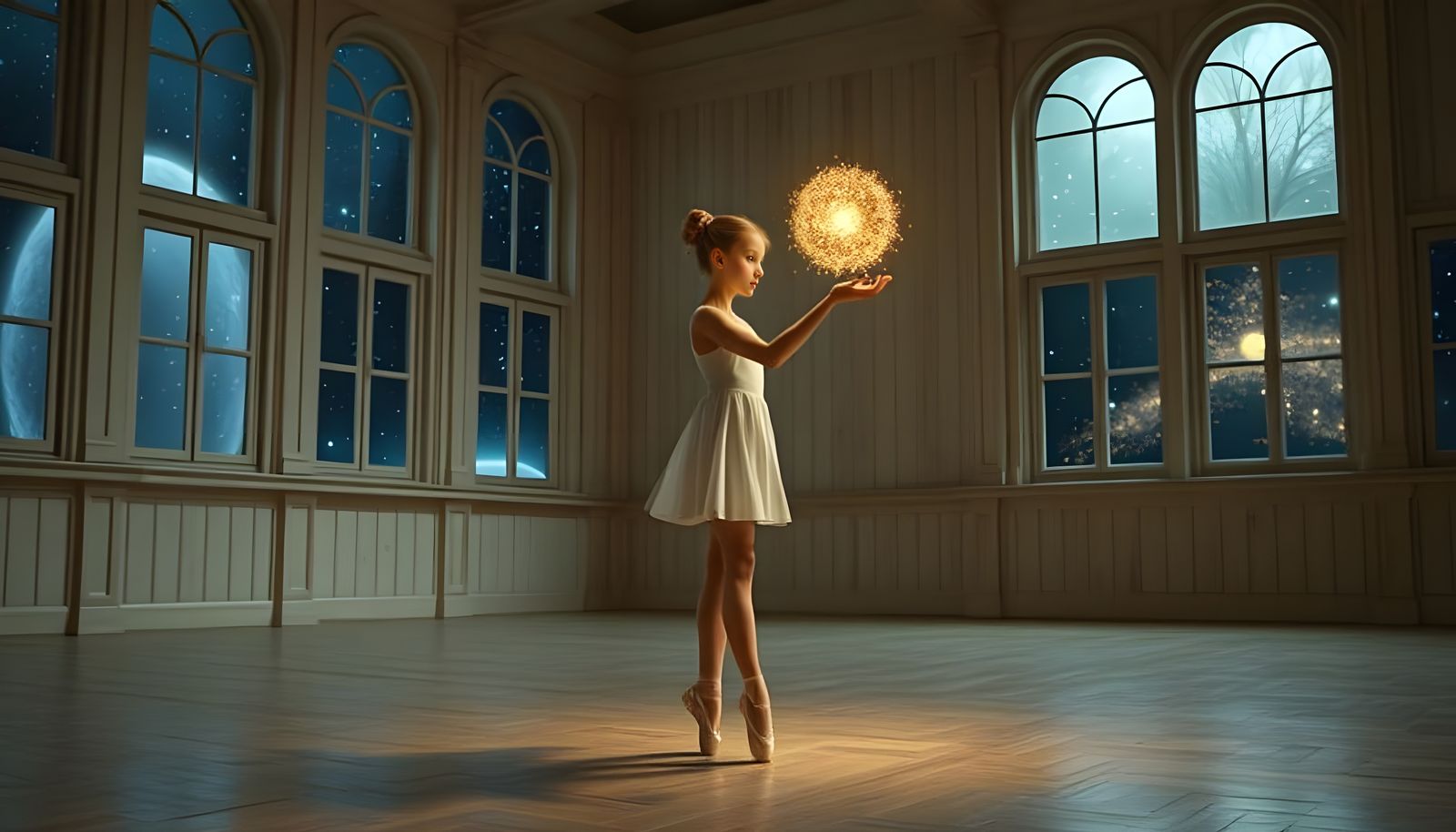 Young Ballerina Dances in Cosmic Studio