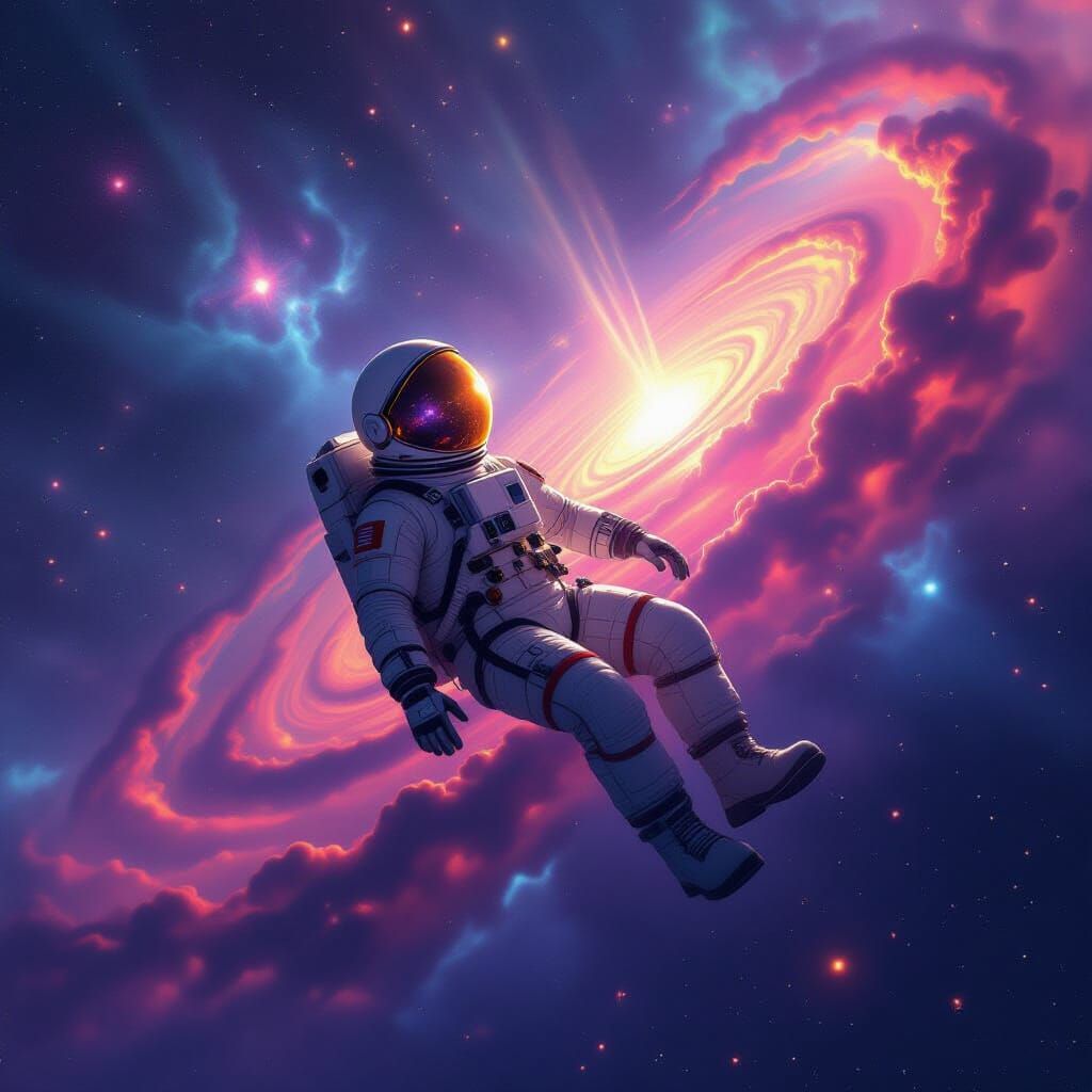 Astronaut Adrift in Nebula Reflecting Galaxy
