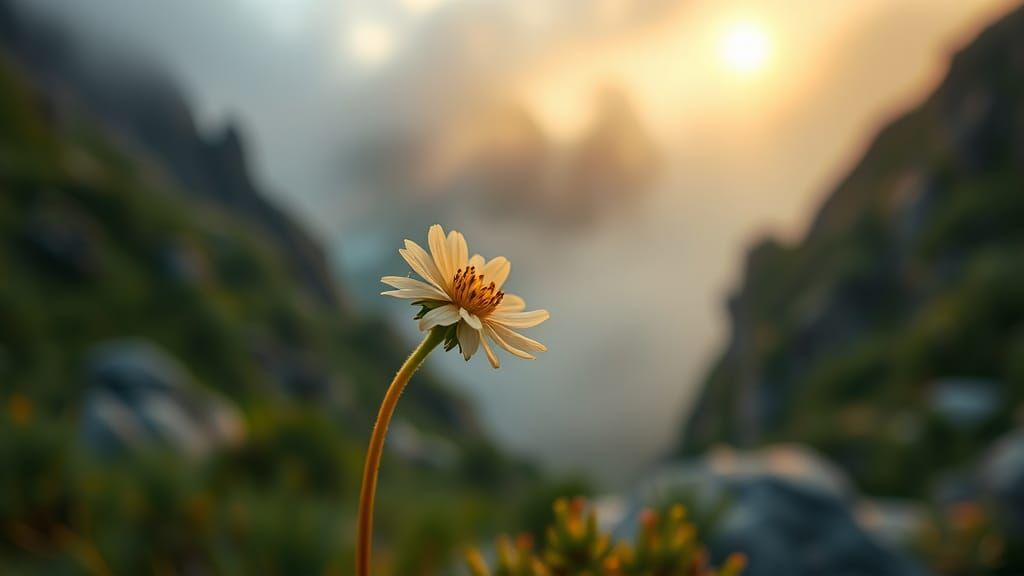 Solitary Flower Blooms in Misty Mountain Landscape