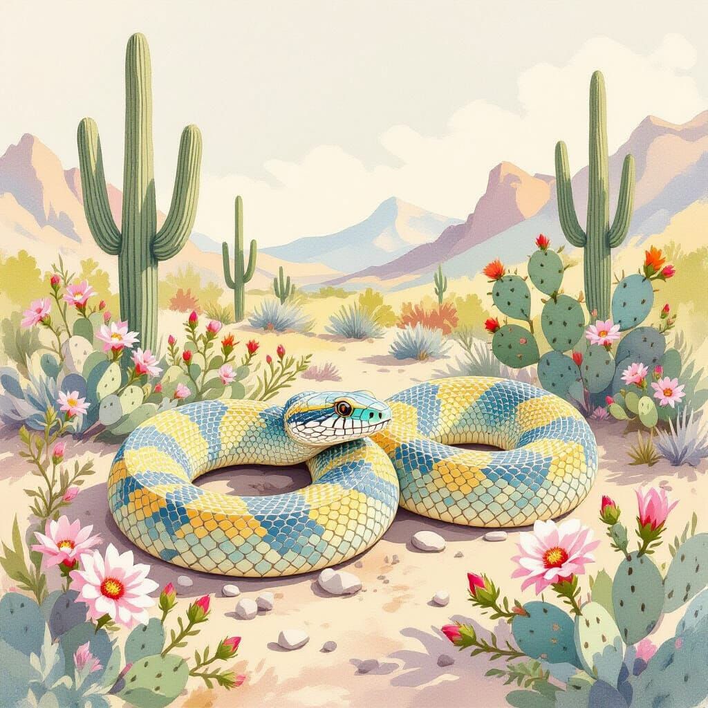 Iridescent Rattlesnake in Subtropical Desert, Watercolor Sty...
