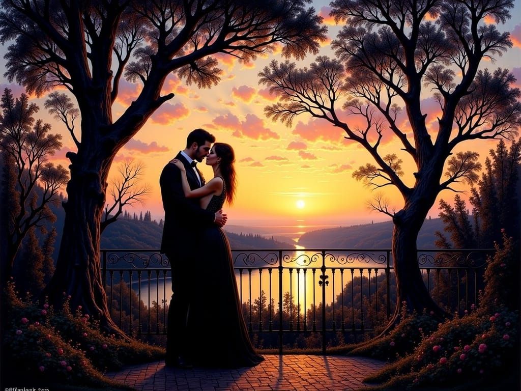 Couple Embraces on Balcony at Sunset, Impressionistic Oil Pa...