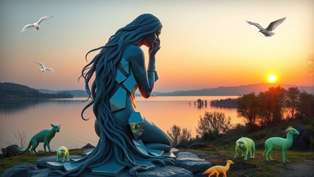 Surreal Sculpture: Woman, Lake, and Shattered Mirrors