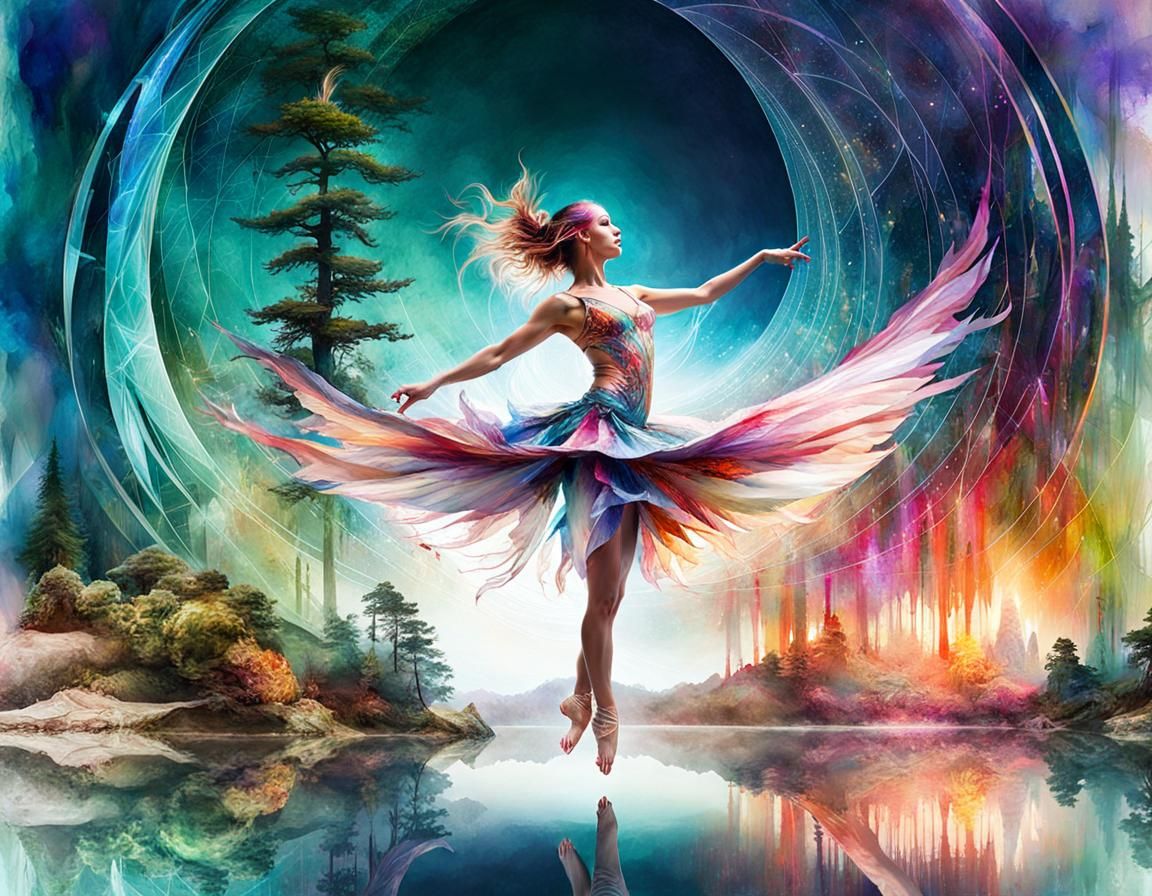 Luminous Fibonacci Spiral: Dancer in Double Exposure Landsca...