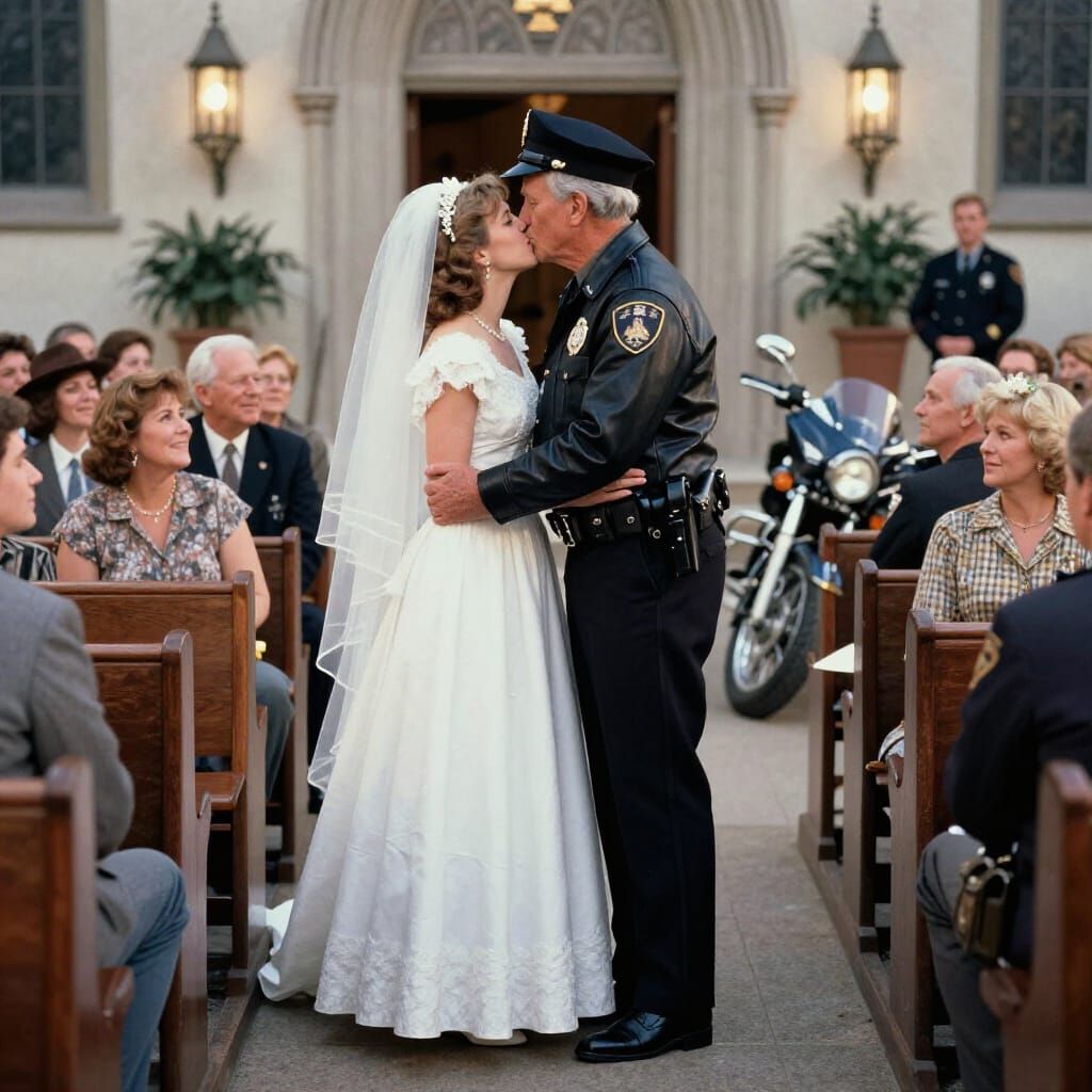 Elder Policeman Kisses Bride at Church Altar
