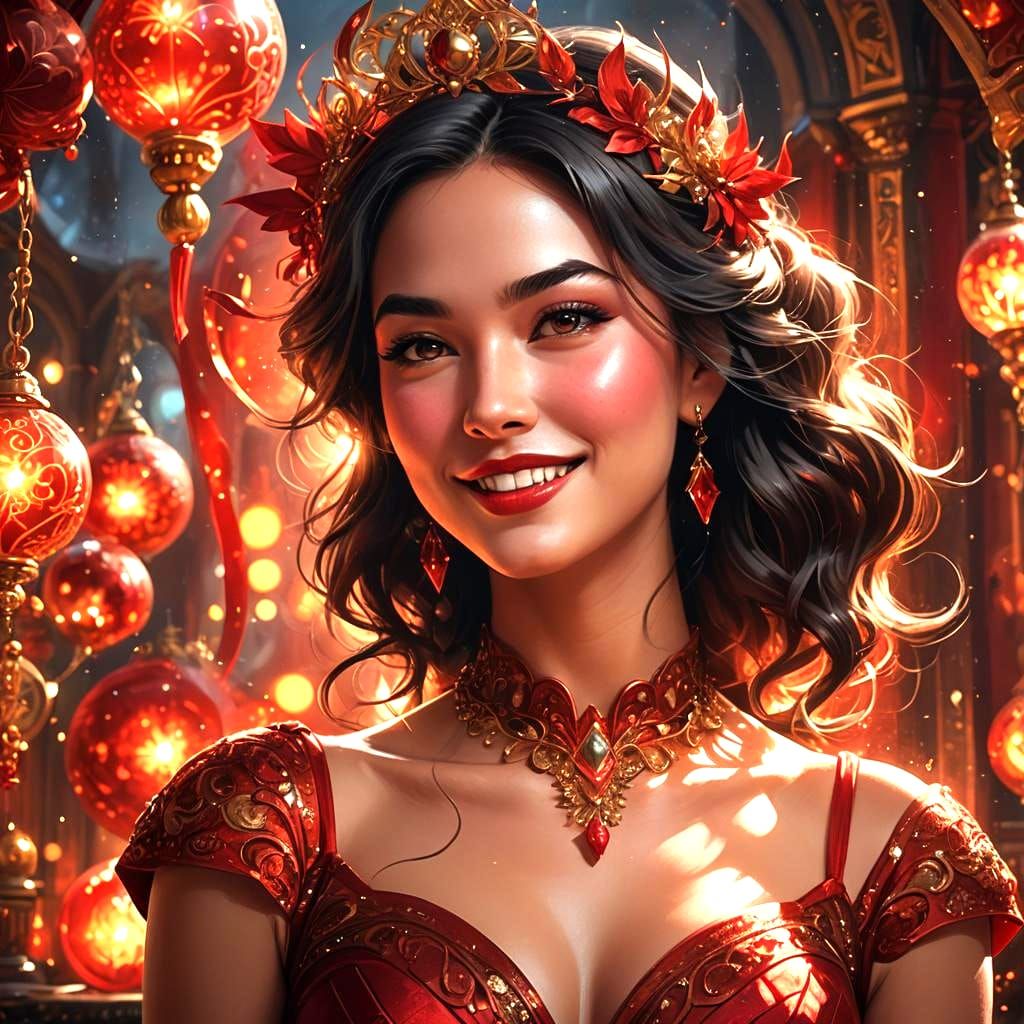 Smiling Girl in Red Dress: Detailed Fantasy Art
