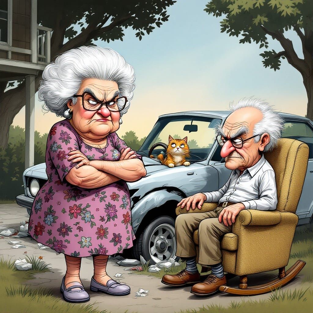 Scowling Grandma Confronts Grandpa Over Cat's Wild Ride
