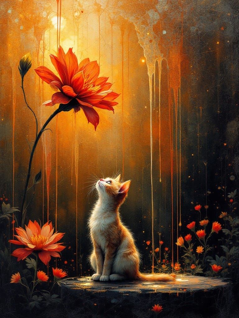 Surreal Encaustic Art of a Feline Form Drenched in Vibrant B...