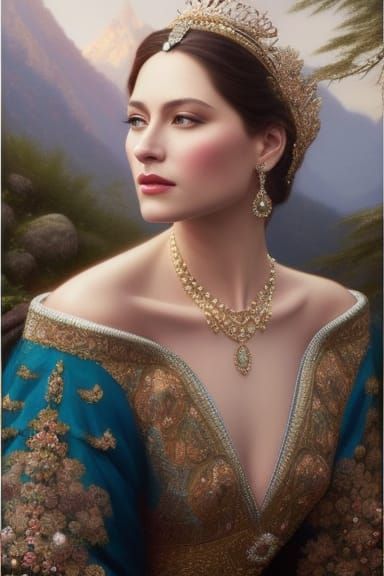 Queen in Fairytale Gown by Roadside, Detailed Mountainscape