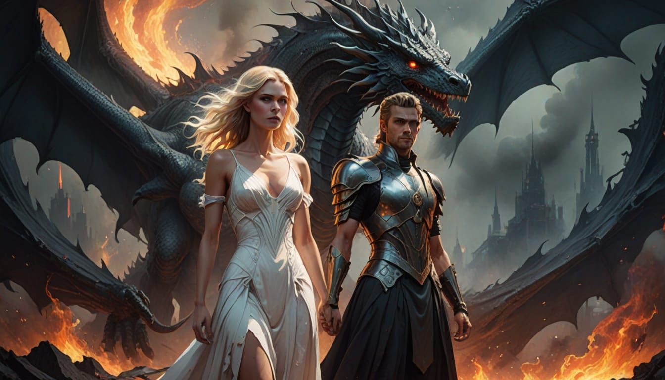 Mysterious Woman in Fiery Fantasy Landscape