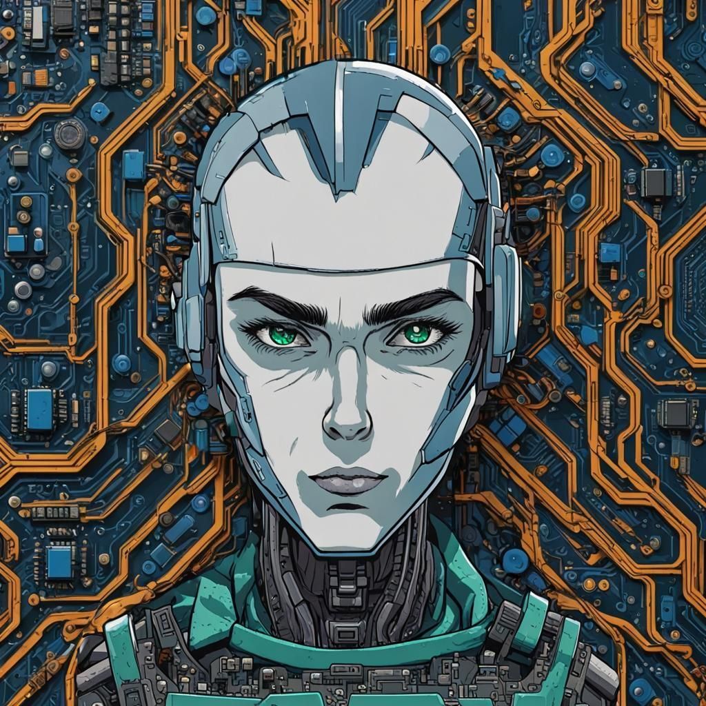 Comic Portrait of Game Character on Circuit Board