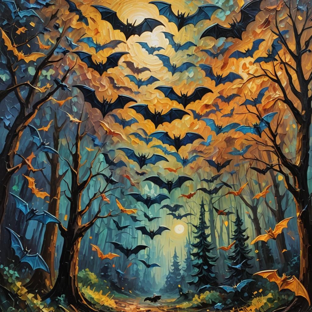 Bats Swarm Around UFO: Neo-Impressionist Oil Painting