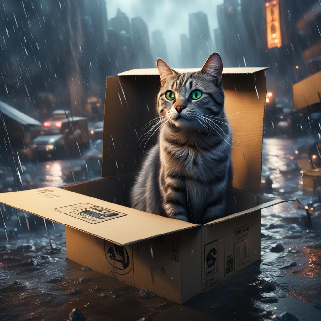Cat in Cardboard Box: Detailed Matte Painting