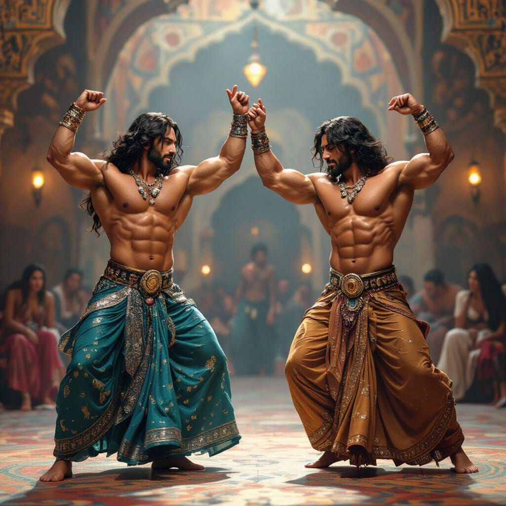 Muscular Male Belly Dancers in Hyperrealistic Style