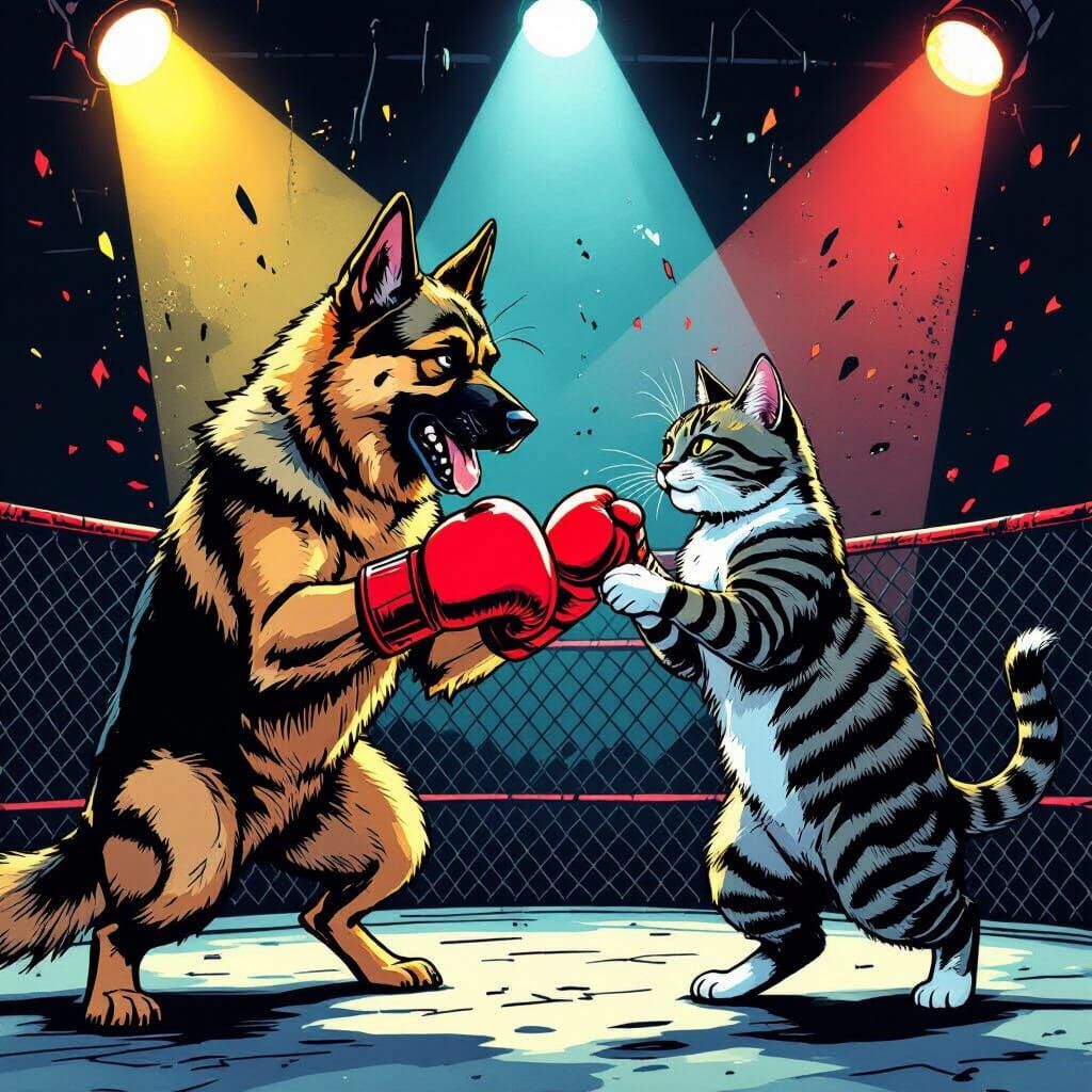 Dog vs Cat Cage Fight in Comic Book Style