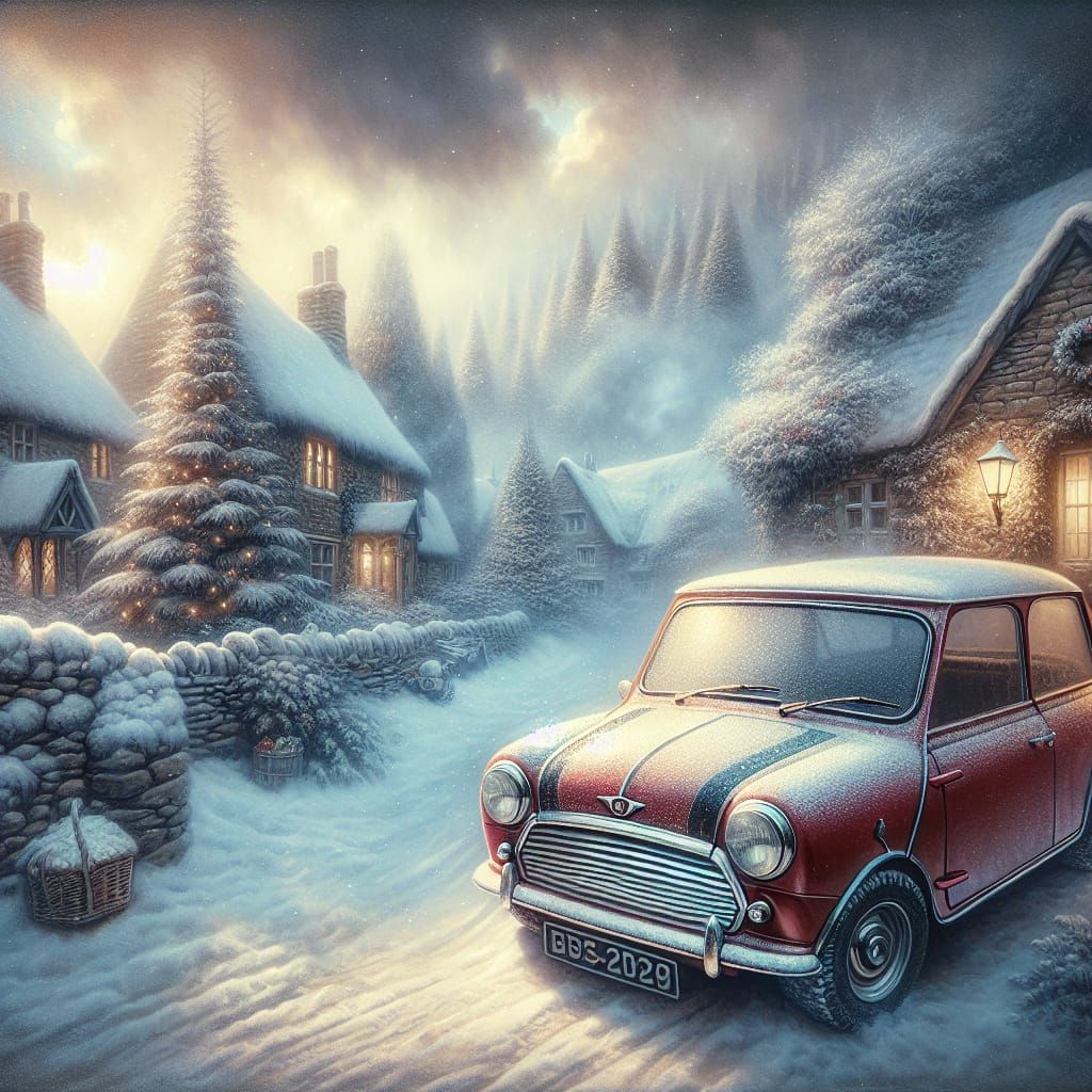 Austin Mini in Snowy Christmas Landscape