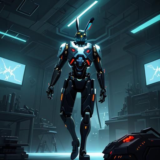 Cyborg Rabbit Commando in Sci-Fi Living Room