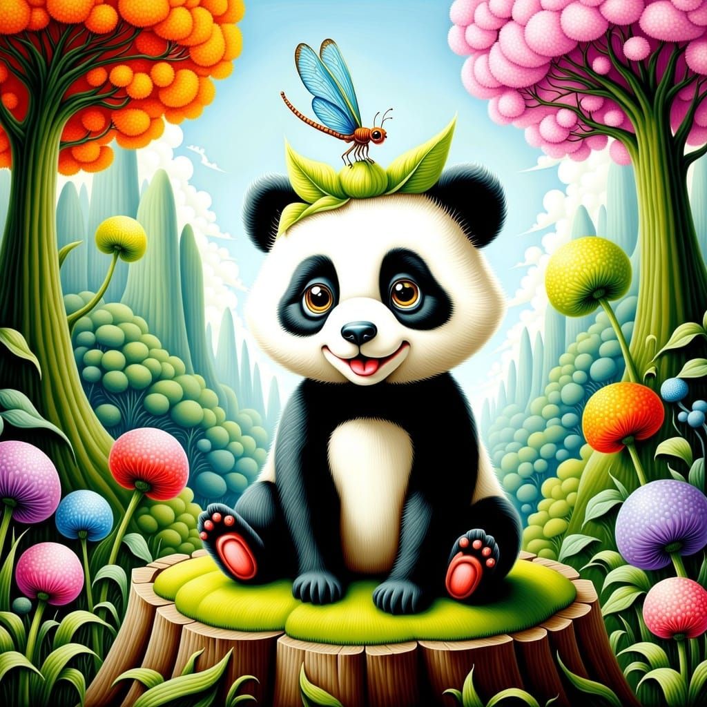 Panda with Dragonfly in Pop Surrealism Style
