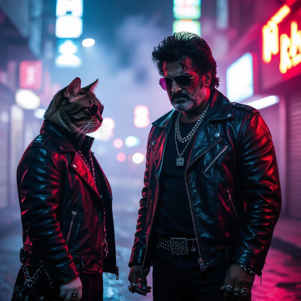 Cinematic Cat Observes Neon-Lit Urban Scene