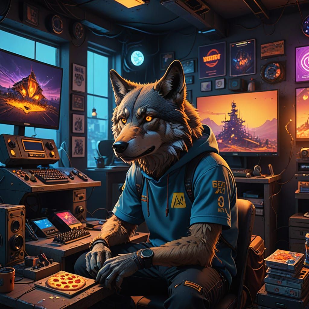 Teenage Wolf Gaming in a Fantastical Gaming Lair