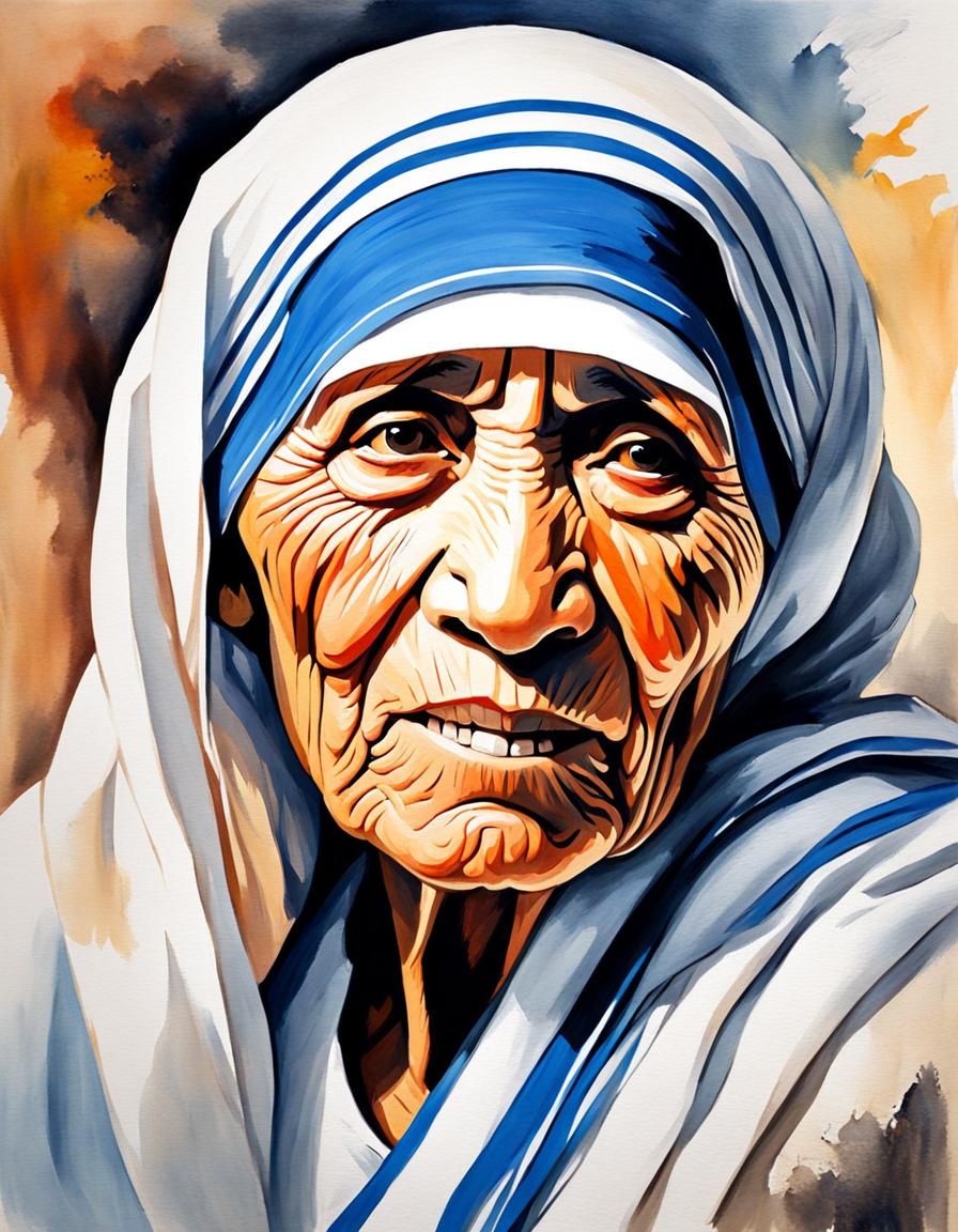 Mother Teresa Portrait in Gouache Impressionist Style