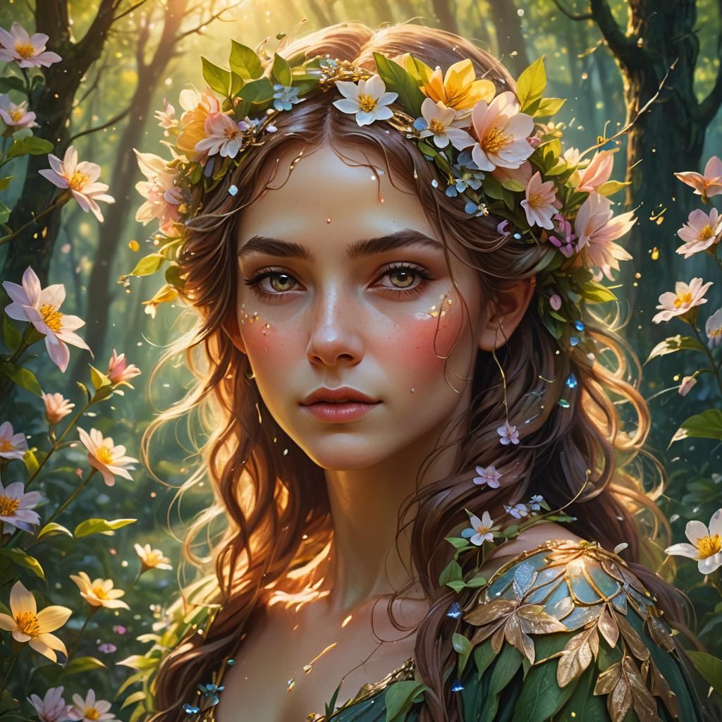Delicate Spring Fae Portrait in Matte Painting Style