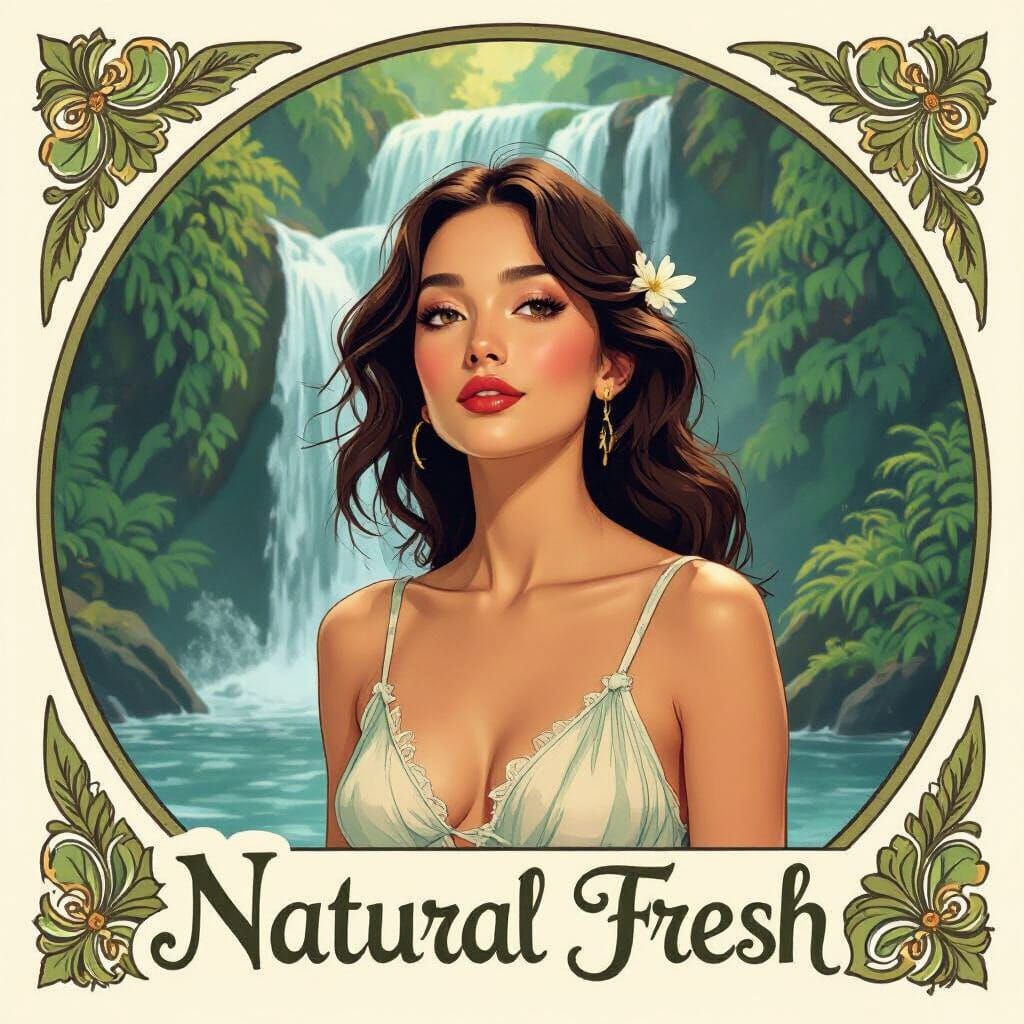 Woman by Waterfall in Art Nouveau Style