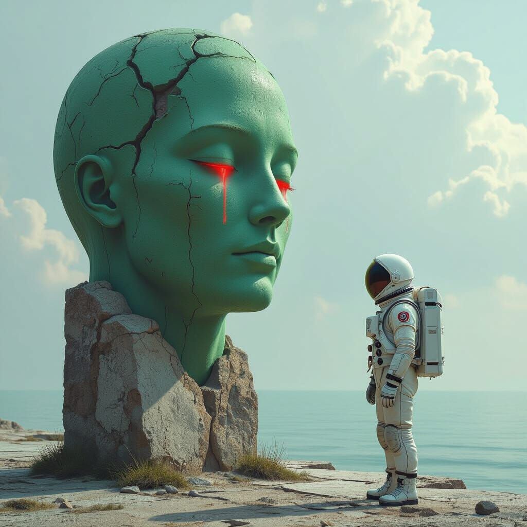 Astronaut and Colossal Green Head Sculpture