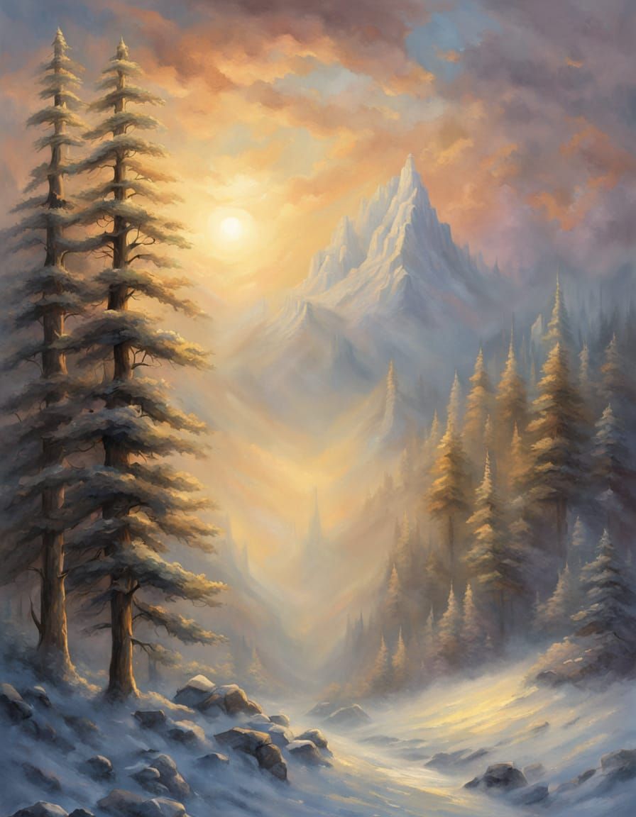 Surreal Christmas Tree in Misty Winter Forest