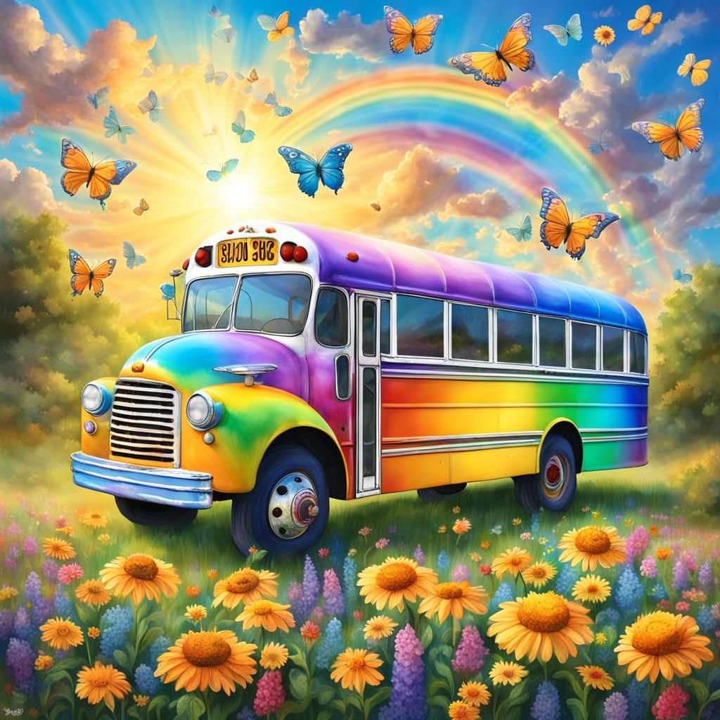 Rainbow School Bus with Flowers in Divine Light