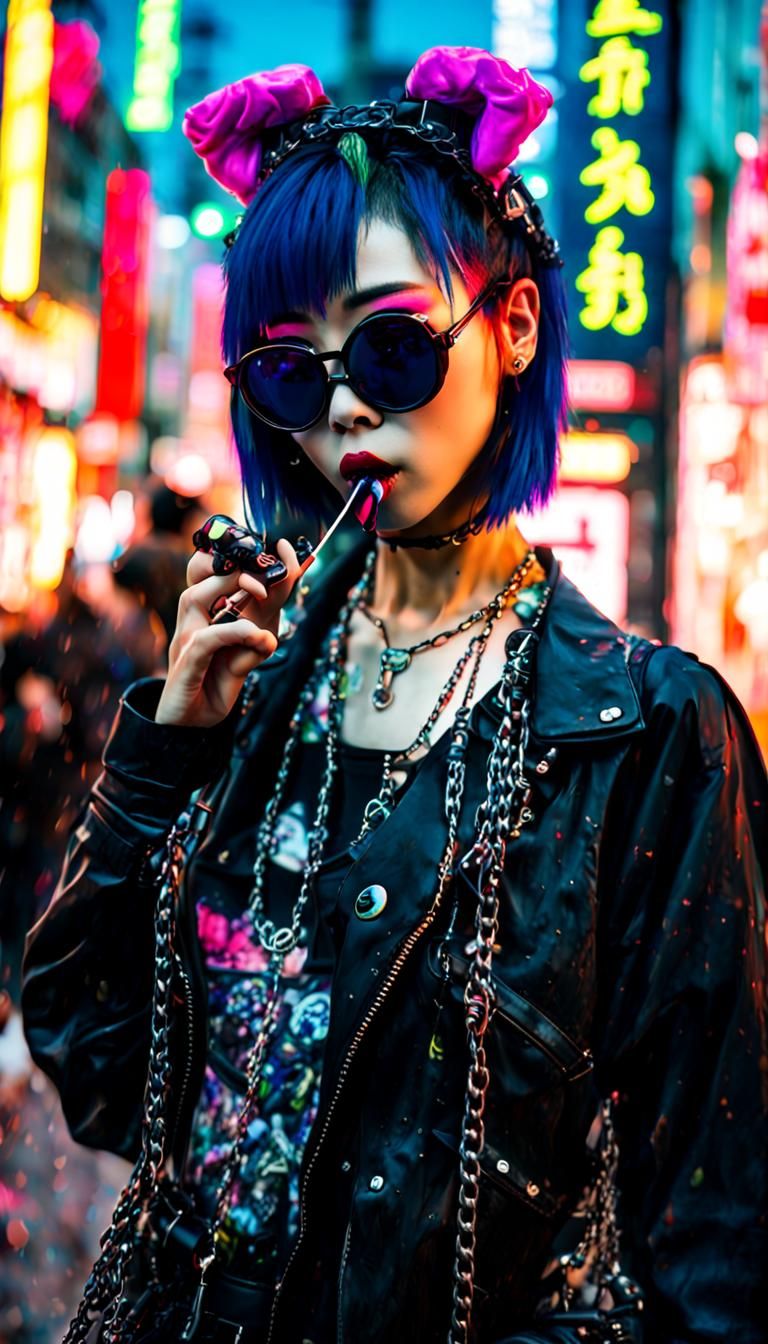 Young Woman in Harajuku Goth Cyberpunk Style