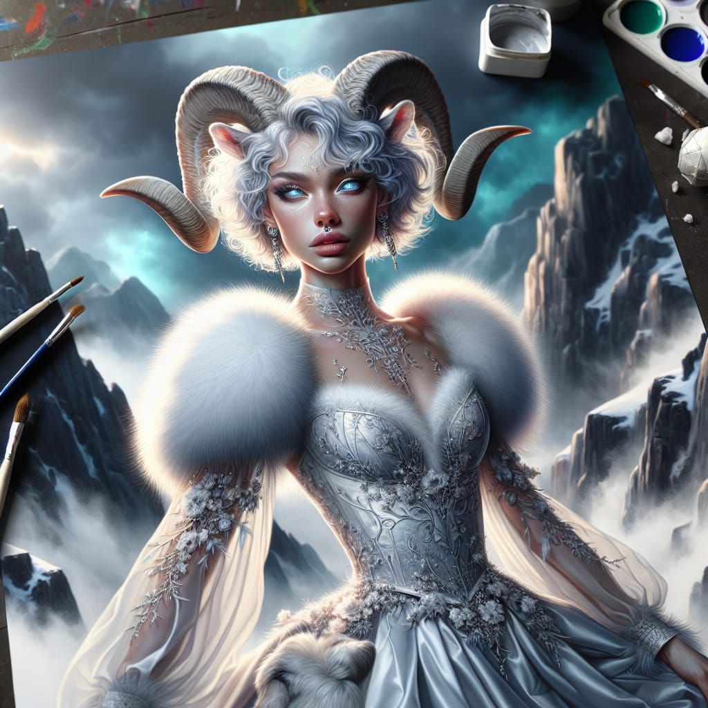 Goat-Themed Character on Mountain Peak in Digital Art