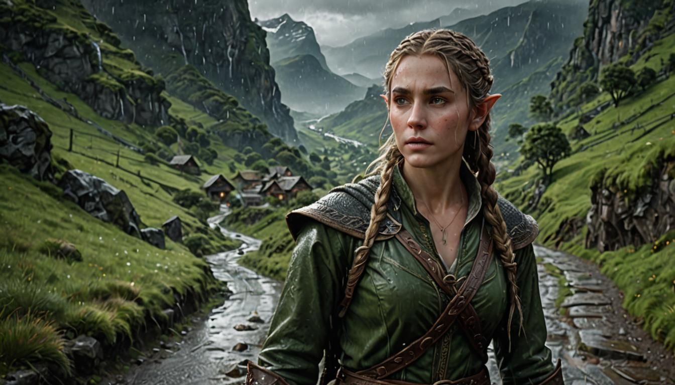 Female Elf Hero in Rain, Hyperrealistic Art