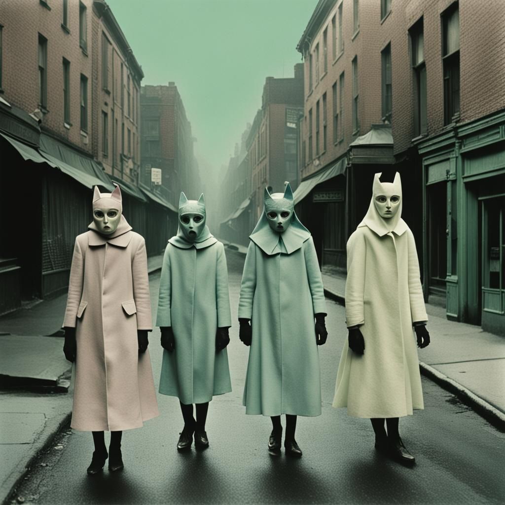 Eerie Masked Figures in Diane Arbus Style