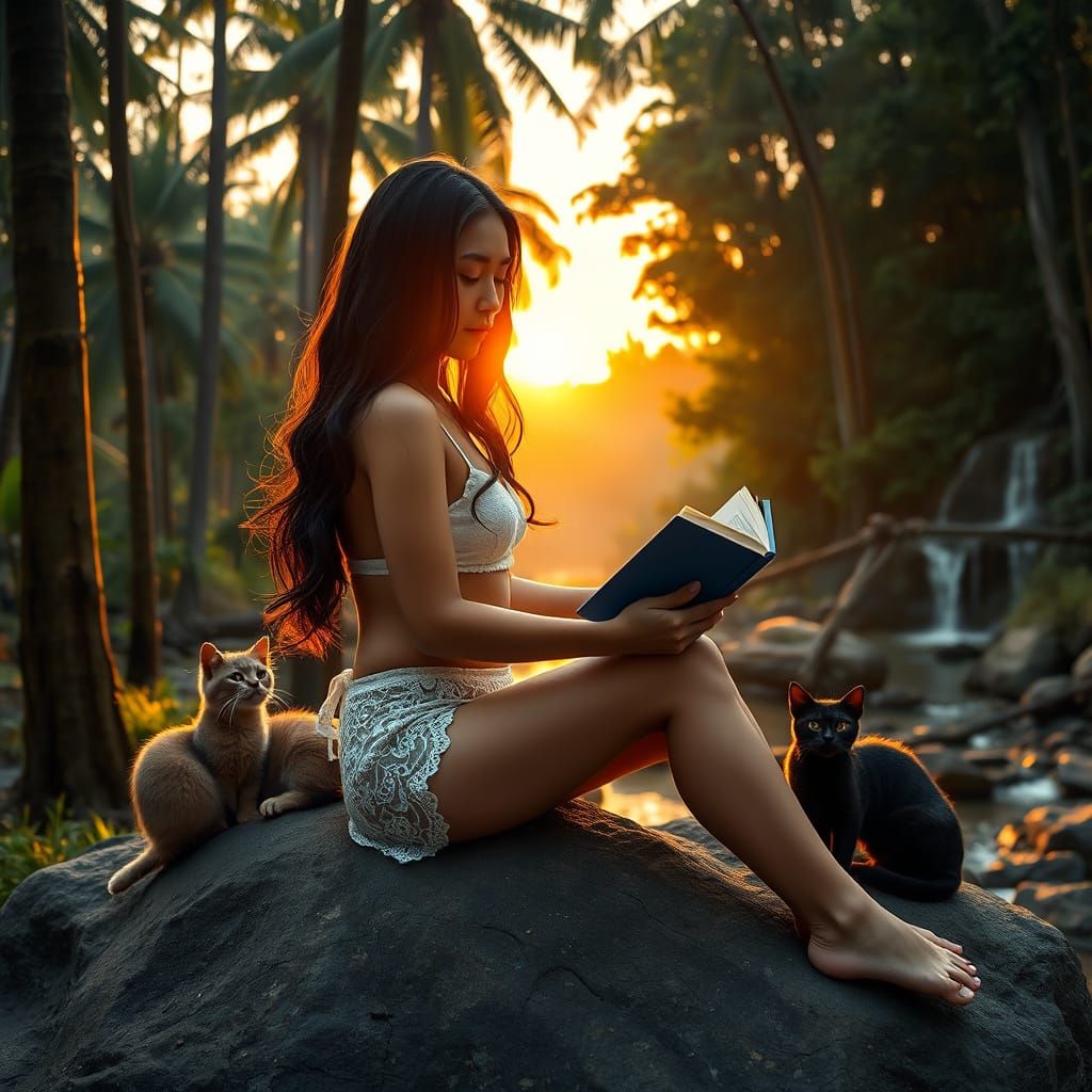 Girl Reading in Tropical Forest at Sunset