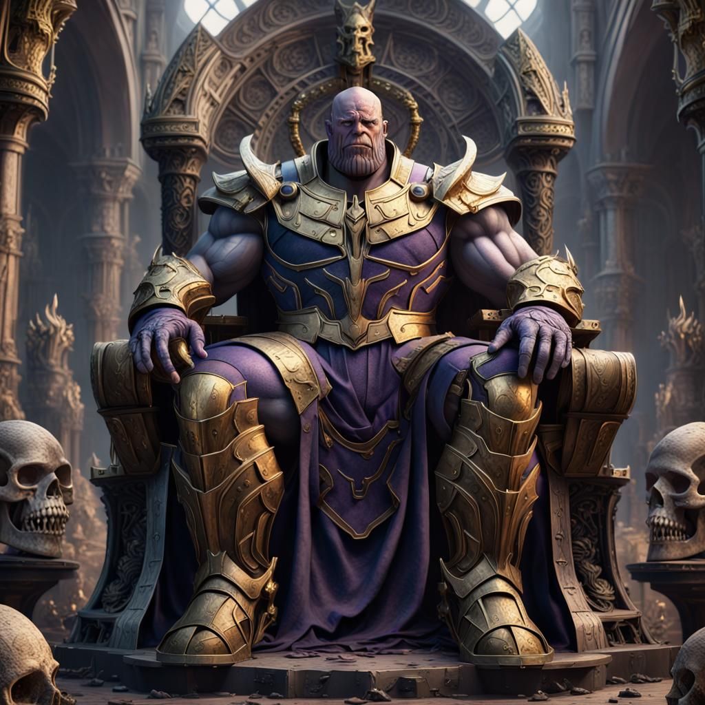 Medieval Thanos as Mad King on Skull Throne