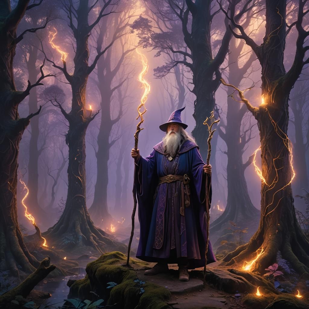 Mystical Wizard in Enchanted Forest: Fantasy Concept Art