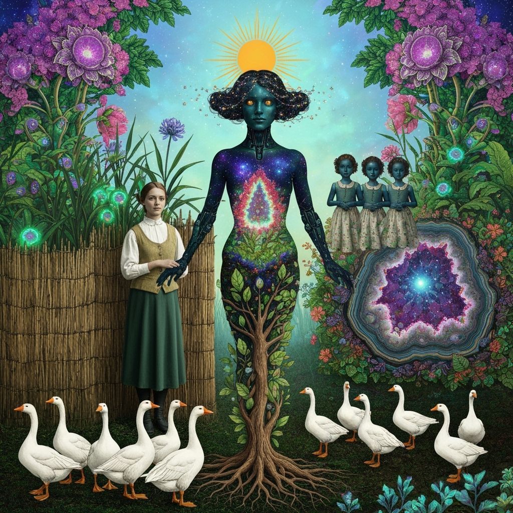 Folkloric Robot with Twins in Surreal Eco-Art Garden