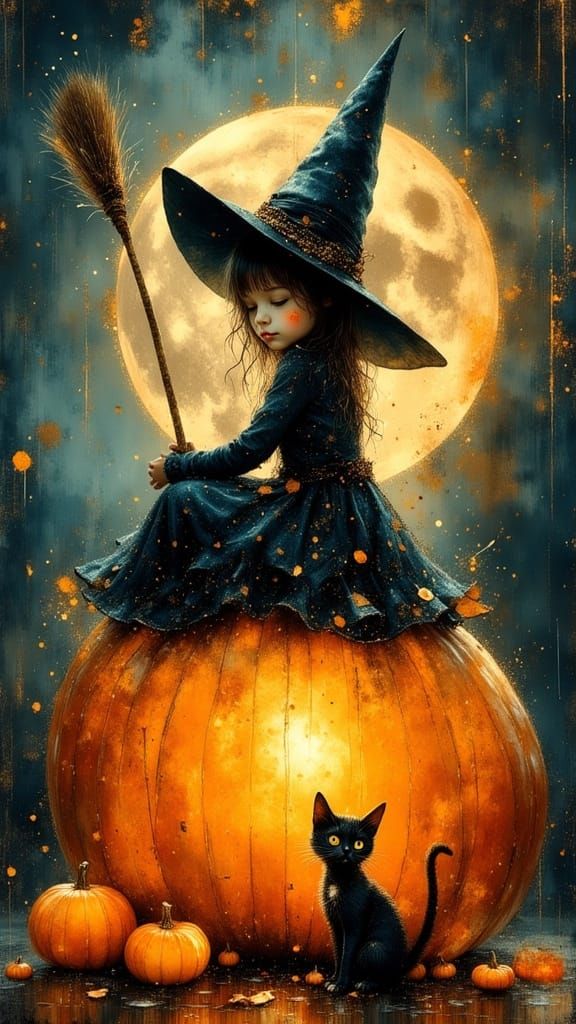 Glitch Art Witch Girl on Pumpkin with Cat