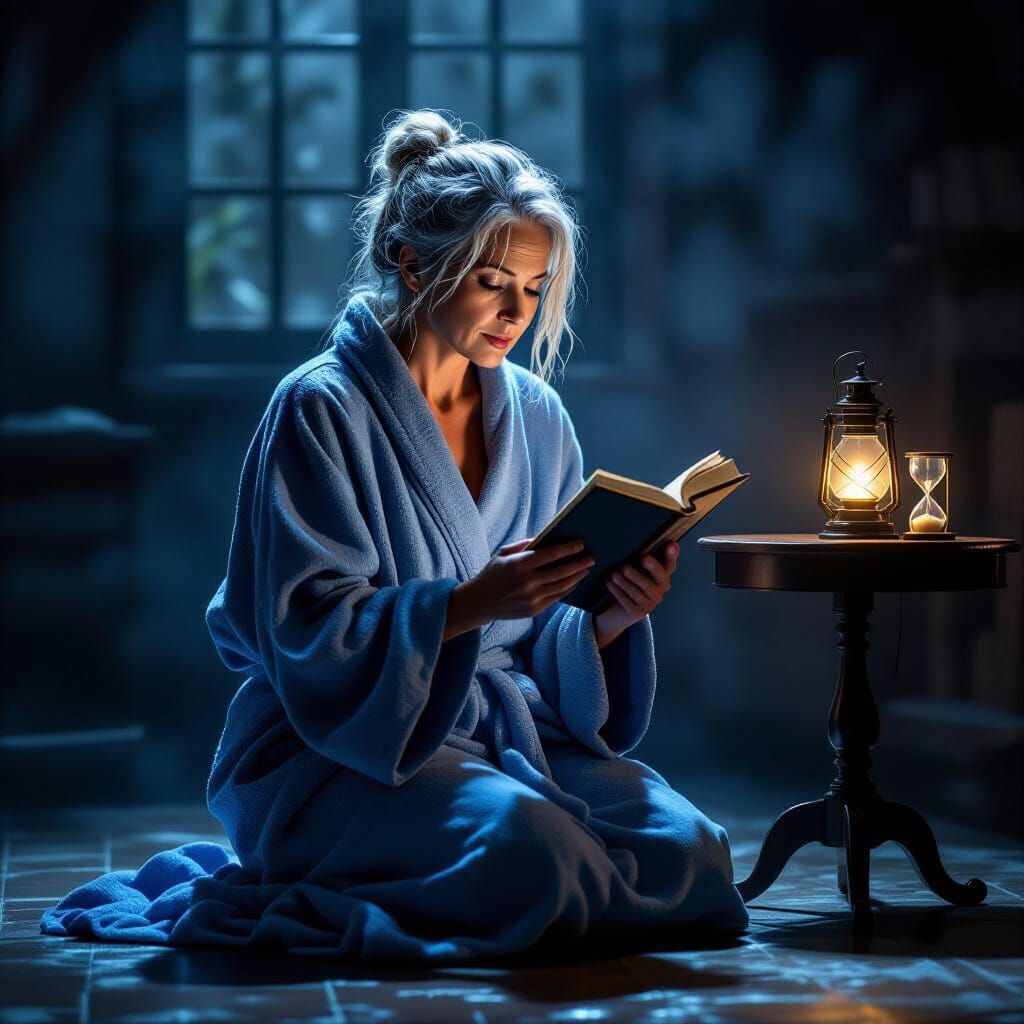 Melancholy Woman Reads by Lantern Light