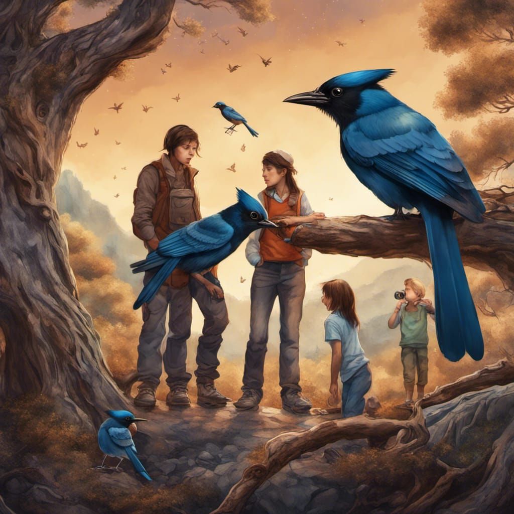 Family Watching Stellar's Jay: Detailed Matte Painting