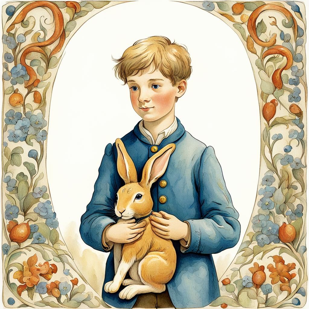 A boy holding the toy Velveteen Rabbit. faience storybook illustration fantasy