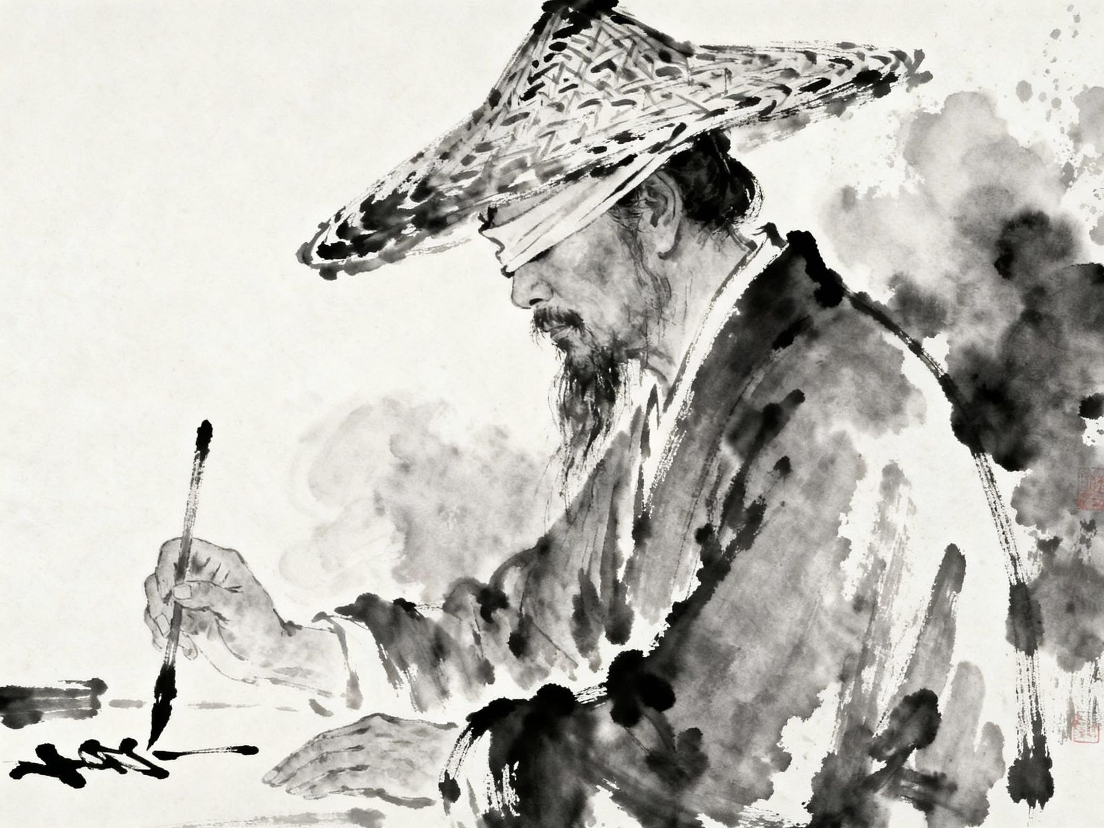 Ancient Chinese Man Practicing Calligraphy in Wet Watercolor...