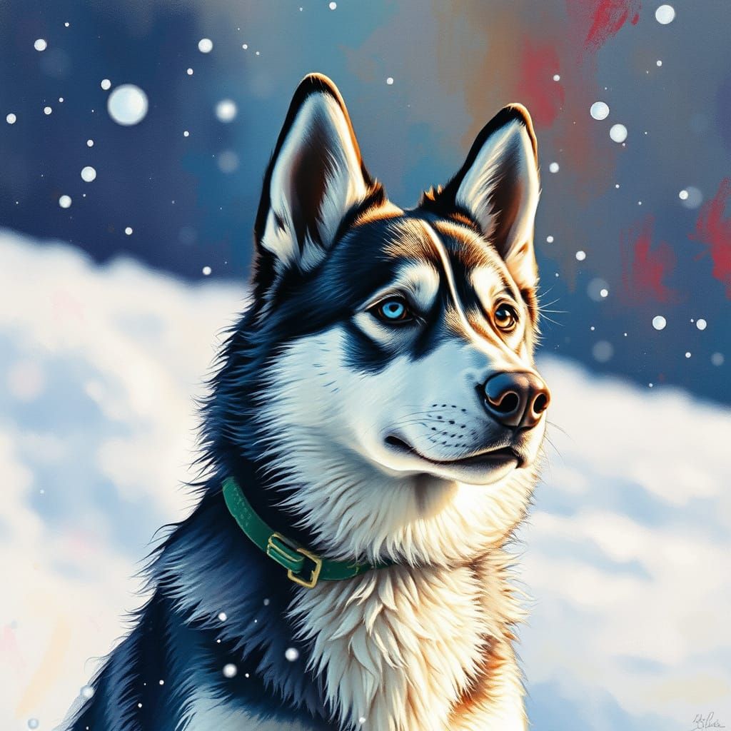 Husky Dog in Snow: Charcoal Drawing in Gouache Style