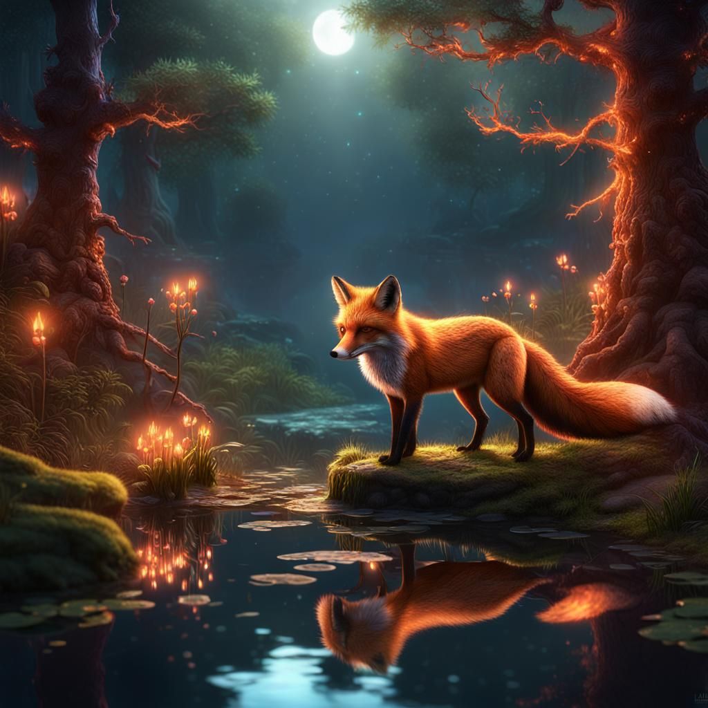 Enchanted Red Fox by Glowing Pond: 3D Art