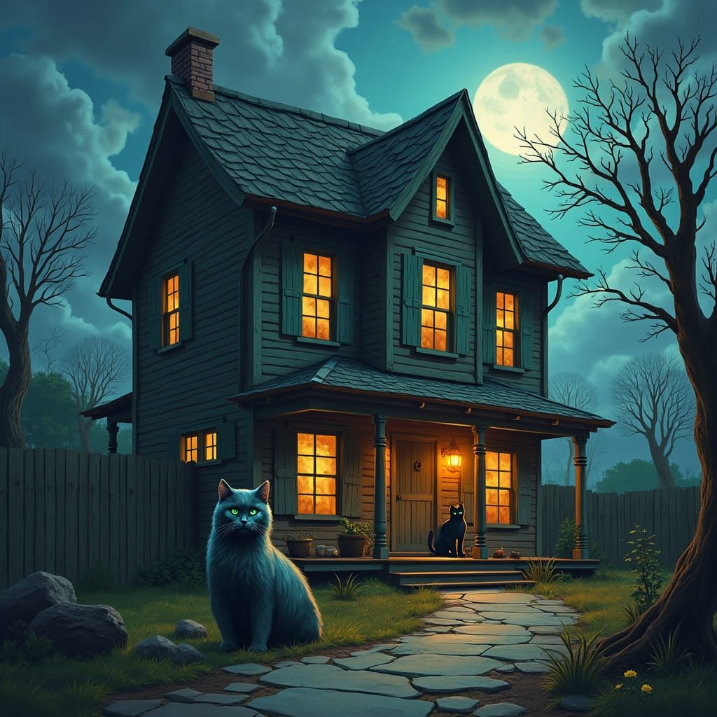 Cats at Quaint Weathered House in Dreamscape Style